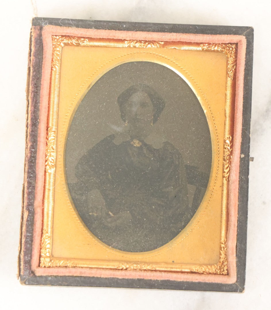 Lot 071 - Pair Of Antique 1/9th Plate Cased Images Including Hidden Mother Ruby Ambrotype With Young Child And Very Dark Tintype Of A Woman, In Half Leatherette Union Cases