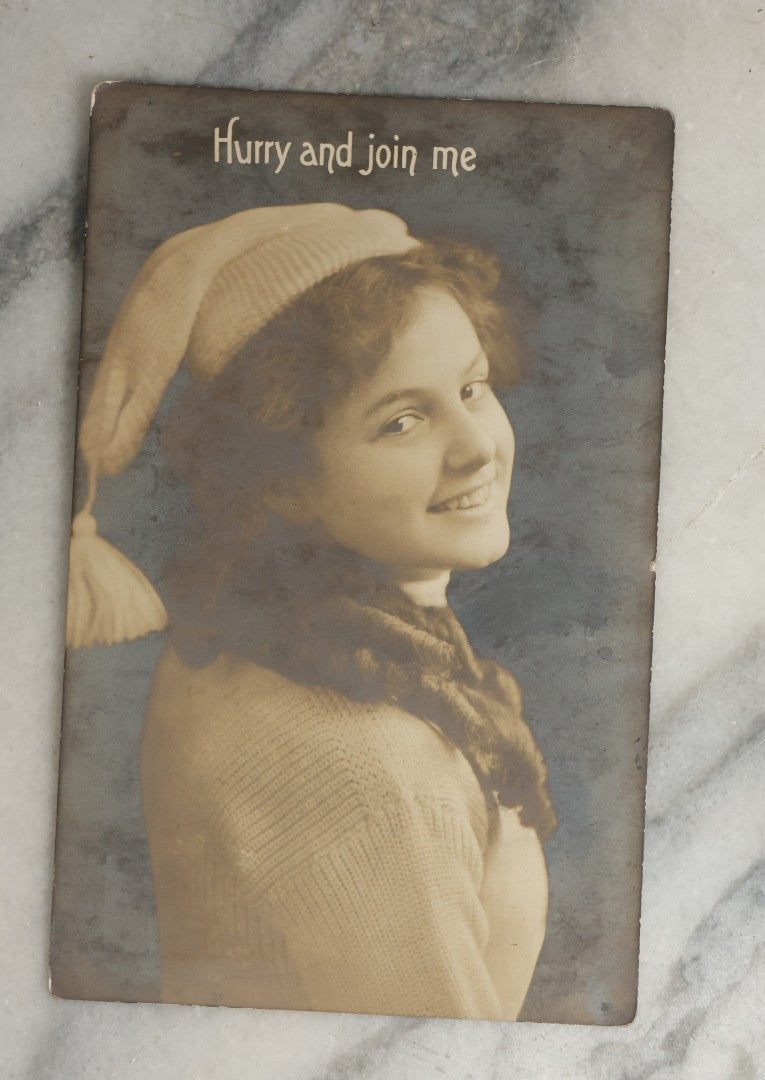 Lot 084 - Grouping Of Ten Antique And Vintage Photographic Postcards Of Women Including Woman In Garbage Pail Hat, French Beauty, "Hurry And Join Me," Etc., (Grouping D)