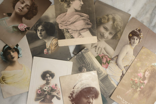Lot 086 - Grouping Of Ten Antique And Vintage Photographic Postcards Of Women Including Many With Hand Coloring, Tinting, Anniversary Card, Etc., (Grouping F)