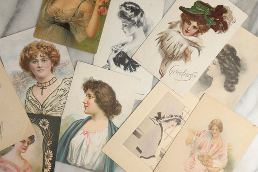 Lot 088 - Grouping Of Ten Antique And Vintage Illustrated Postcards Of Women Including Woman With Glitter, Harrison Fisher Girl, Slumberland, Etc., (Grouping H)