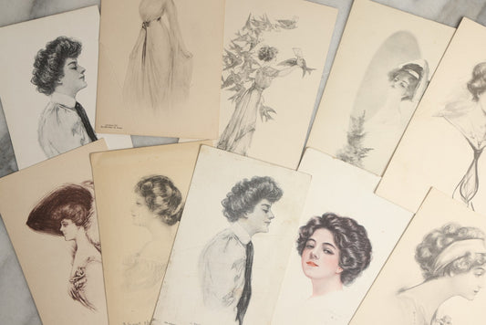 Lot 089 - Grouping Of Ten Antique And Vintage Illustrated Postcards Of Women Including Graduate, Girl With Birds, John Cecil Clay Girl, Etc., (Grouping I)