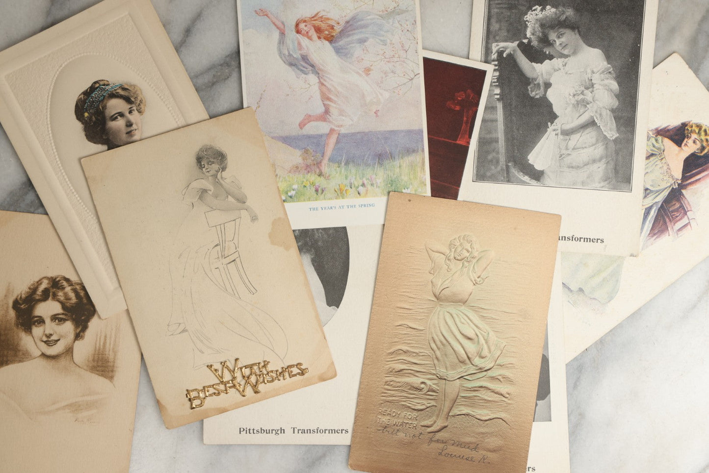 Lot 090 - Grouping Of Ten Antique And Vintage Illustrated Postcards Of Women Including "Anticipation", "With Best Wishes", Embossed "Ready For Water" Card, Etc., (Grouping J)