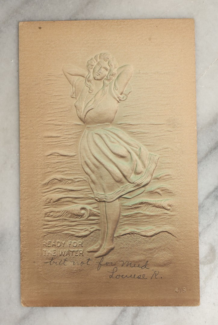 Lot 090 - Grouping Of Ten Antique And Vintage Illustrated Postcards Of Women Including "Anticipation", "With Best Wishes", Embossed "Ready For Water" Card, Etc., (Grouping J)