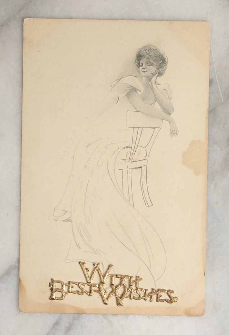 Lot 090 - Grouping Of Ten Antique And Vintage Illustrated Postcards Of Women Including "Anticipation", "With Best Wishes", Embossed "Ready For Water" Card, Etc., (Grouping J)