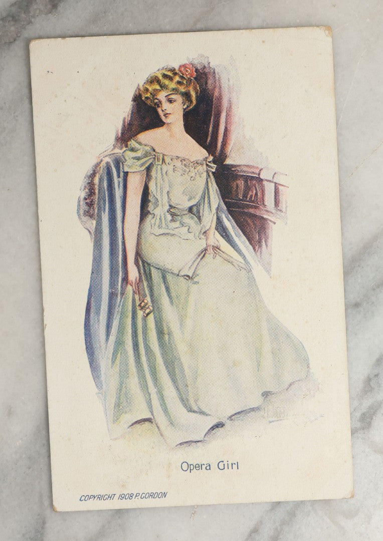 Lot 090 - Grouping Of Ten Antique And Vintage Illustrated Postcards Of Women Including "Anticipation", "With Best Wishes", Embossed "Ready For Water" Card, Etc., (Grouping J)