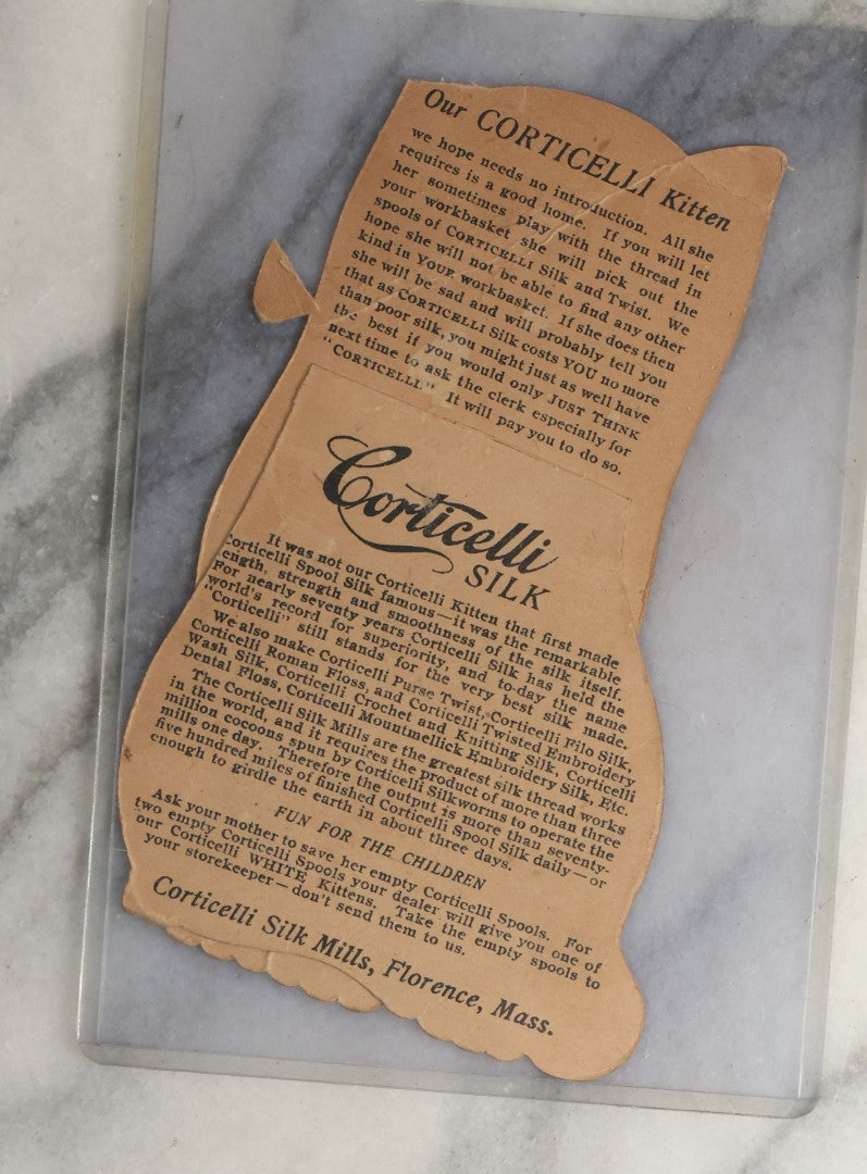 Lot 093 - Antique Die Cut Trade Card With Cat Advertising Corticelli Silk, Corticelli Silk Mills, Florence, Massachusetts, Printed By The P.H. Warren Co., Boston, Note Damaged Ear