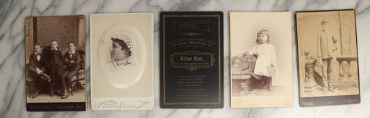 Lot 098 - Grouping Of Five Antique Cabinet Cards Including A Memorial Card For William Wood, Died 1889, And Four Photographs Including A Little Girl With An Artist's Palette