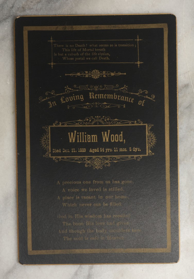 Lot 098 - Grouping Of Five Antique Cabinet Cards Including A Memorial Card For William Wood, Died 1889, And Four Photographs Including A Little Girl With An Artist's Palette