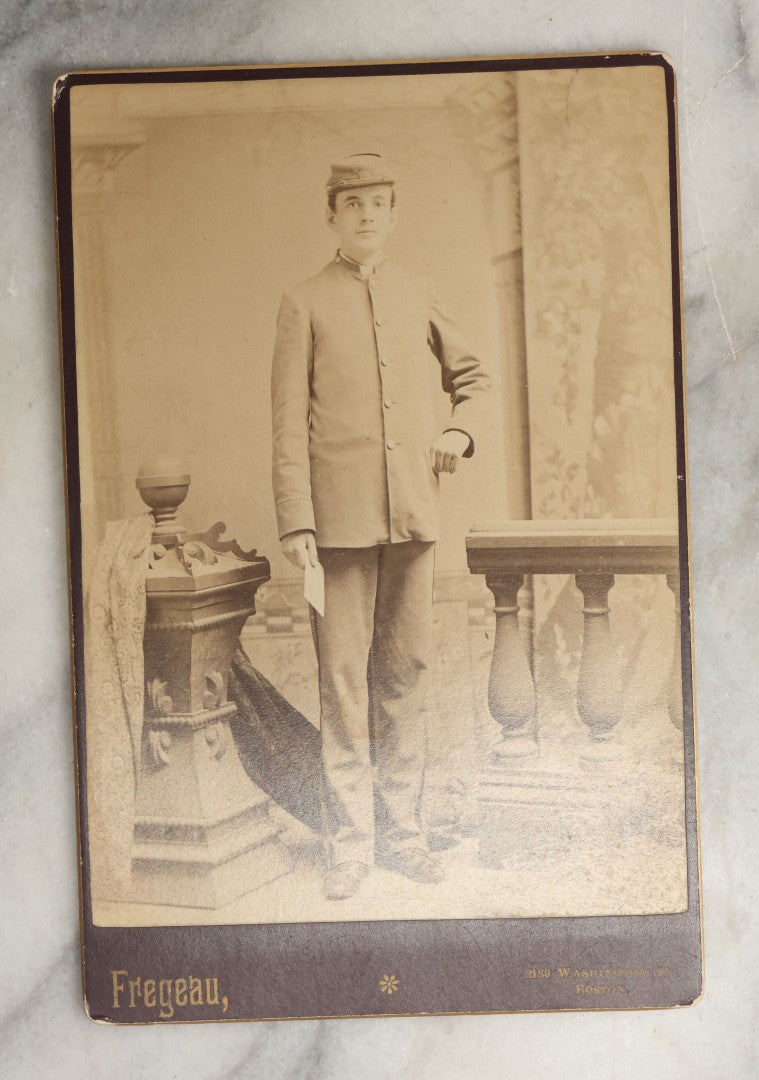 Lot 098 - Grouping Of Five Antique Cabinet Cards Including A Memorial Card For William Wood, Died 1889, And Four Photographs Including A Little Girl With An Artist's Palette