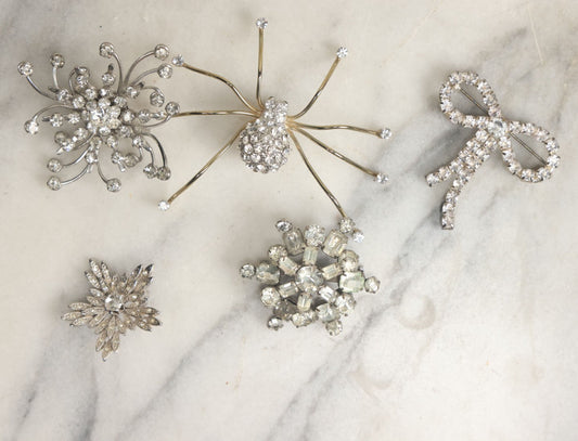 Lot 107 - Grouping Of Five Vintage Blingy Rhinestone Jewelry Brooches Including Spider Brooch