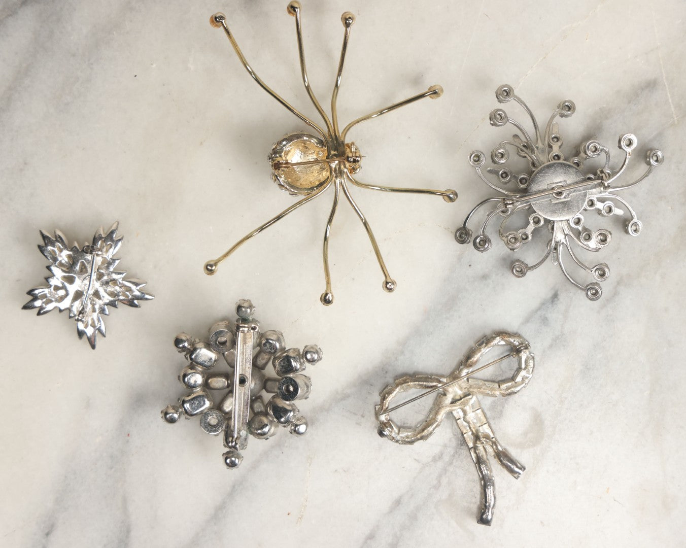 Lot 107 - Grouping Of Five Vintage Blingy Rhinestone Jewelry Brooches Including Spider Brooch