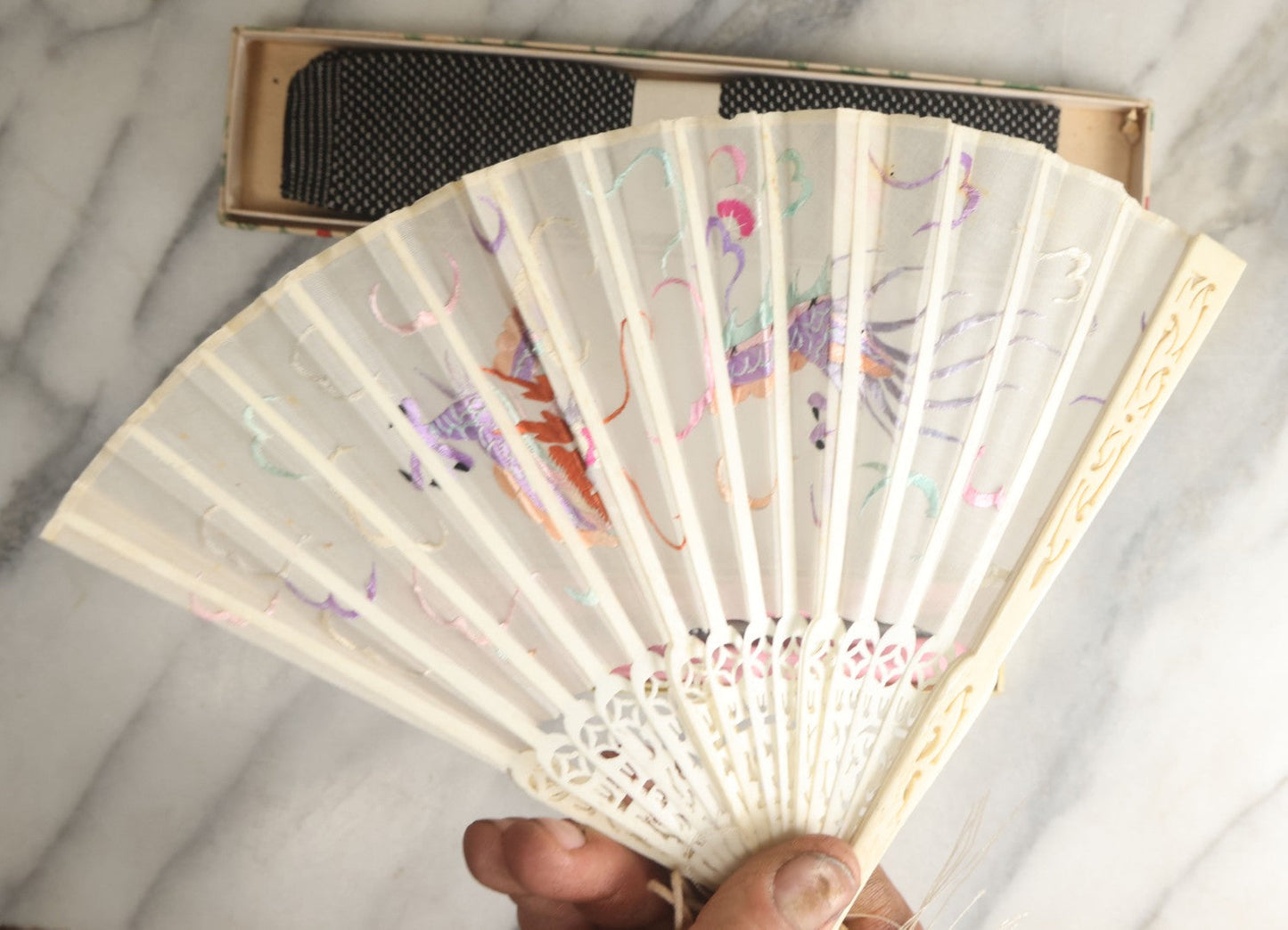 Lot 108 - Grouping Of Three Boxed Ladies Dresser Items Including Corset Hook, Hand Fan, And Xmas Greetings Textile