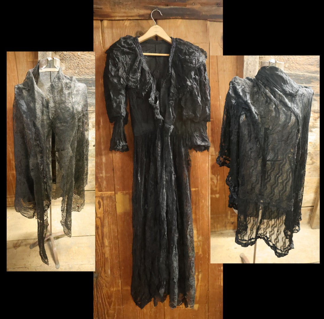 Lot 001 - Three Piece Antique Victorian Mourning Black Lace Ensemble Including Gown, Shawl, And Skirt Topper
