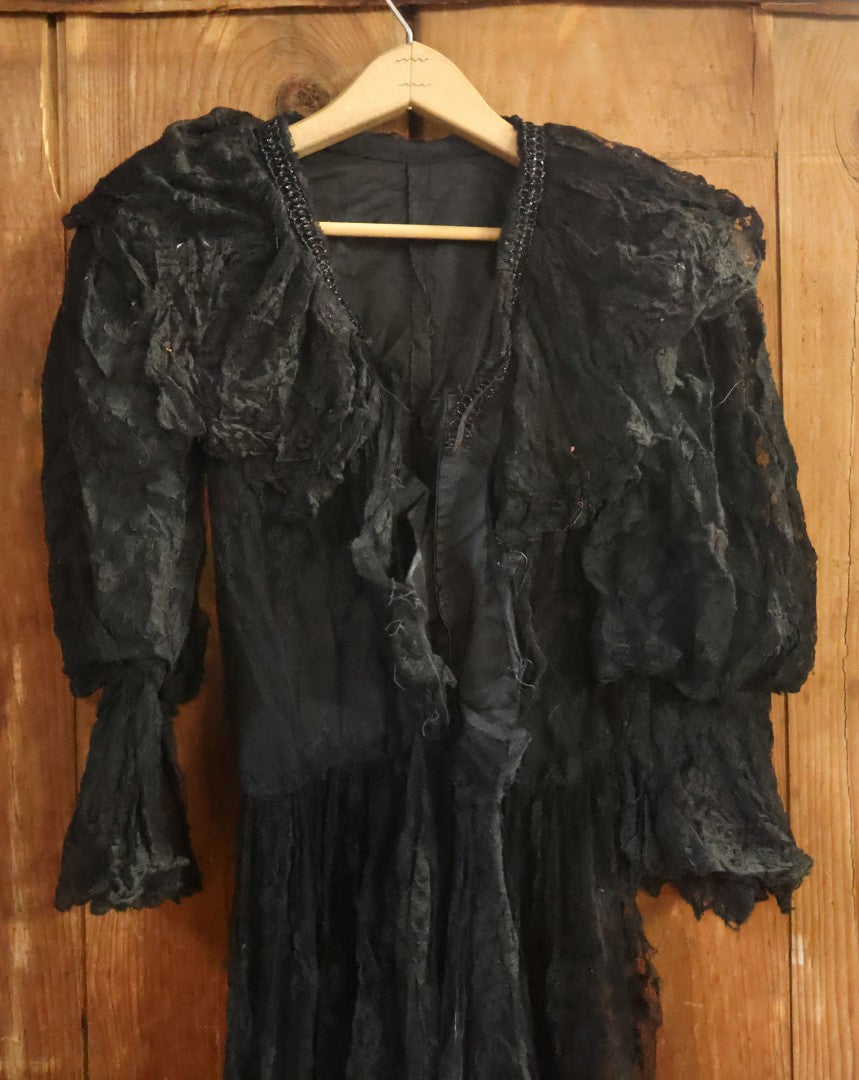 Lot 001 - Three Piece Antique Victorian Mourning Black Lace Ensemble Including Gown, Shawl, And Skirt Topper