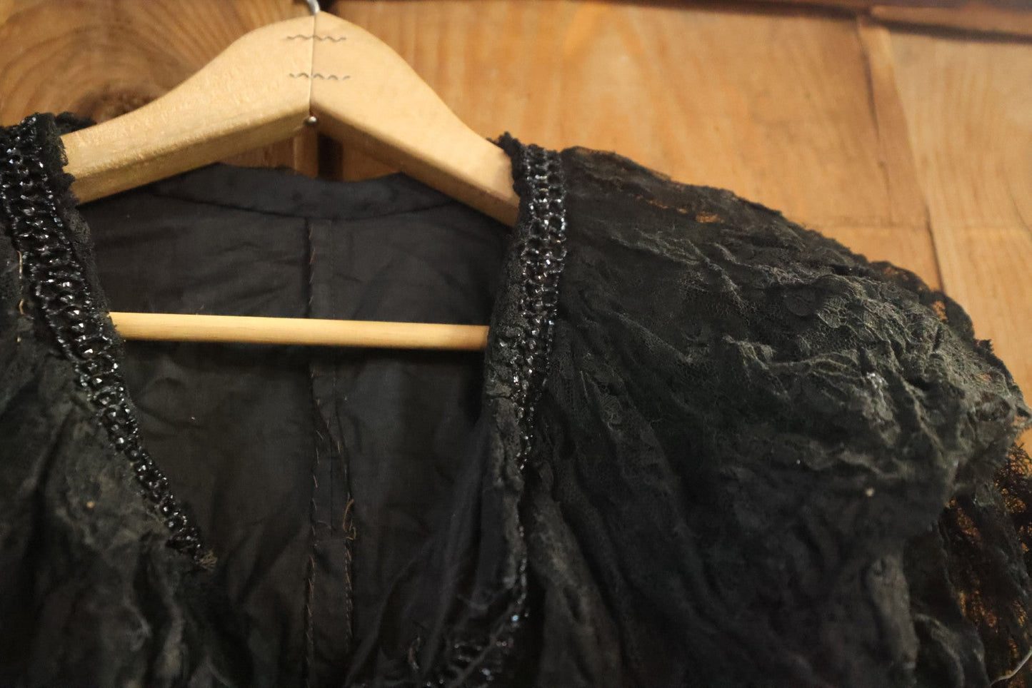 Lot 001 - Three Piece Antique Victorian Mourning Black Lace Ensemble Including Gown, Shawl, And Skirt Topper