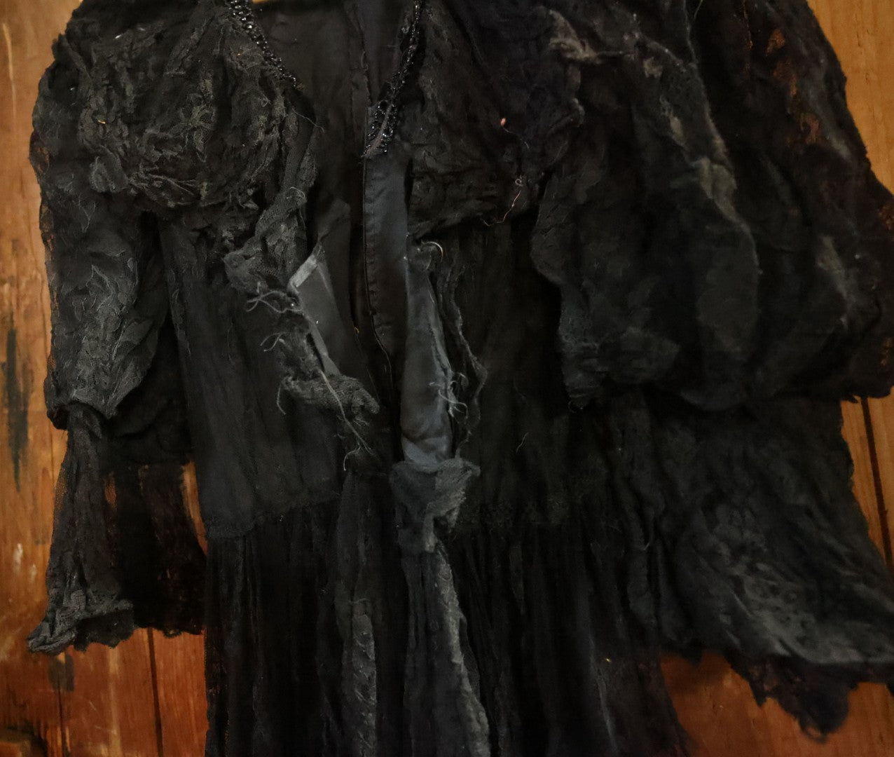 Lot 001 - Three Piece Antique Victorian Mourning Black Lace Ensemble Including Gown, Shawl, And Skirt Topper