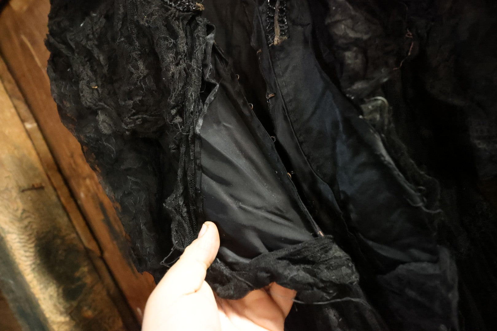 Lot 001 - Three Piece Antique Victorian Mourning Black Lace Ensemble Including Gown, Shawl, And Skirt Topper