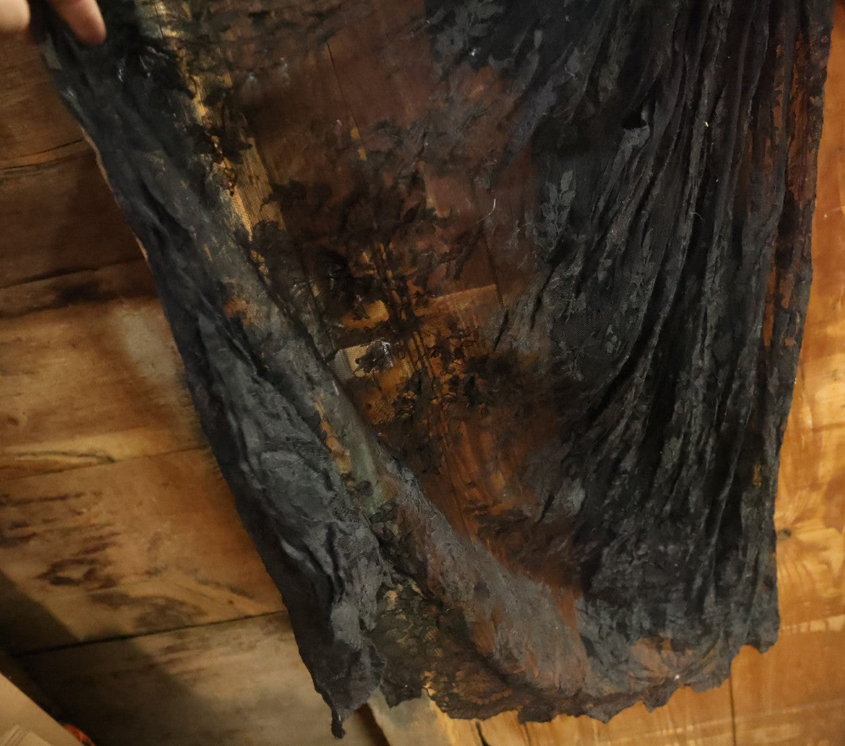 Lot 001 - Three Piece Antique Victorian Mourning Black Lace Ensemble Including Gown, Shawl, And Skirt Topper