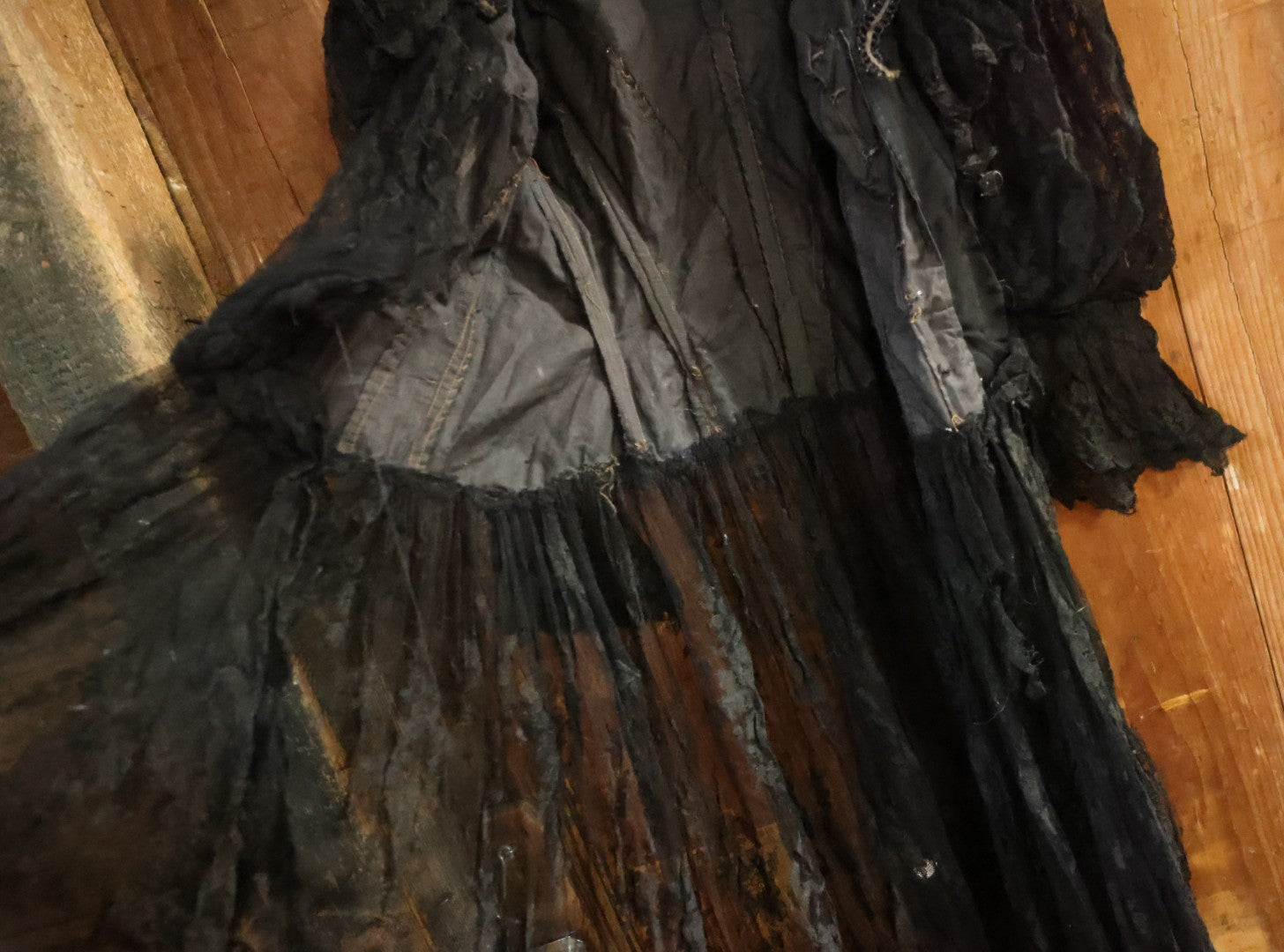 Lot 001 - Three Piece Antique Victorian Mourning Black Lace Ensemble Including Gown, Shawl, And Skirt Topper
