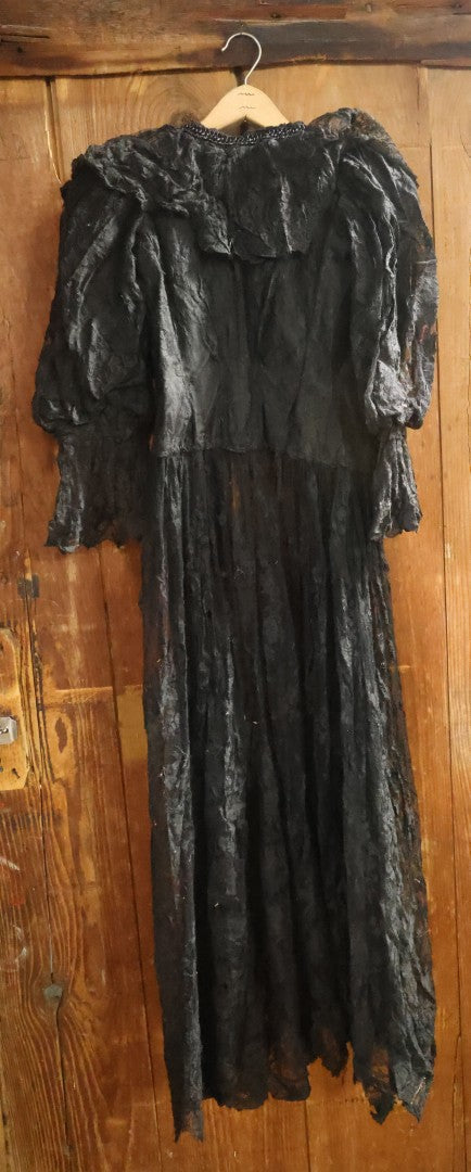 Lot 001 - Three Piece Antique Victorian Mourning Black Lace Ensemble Including Gown, Shawl, And Skirt Topper