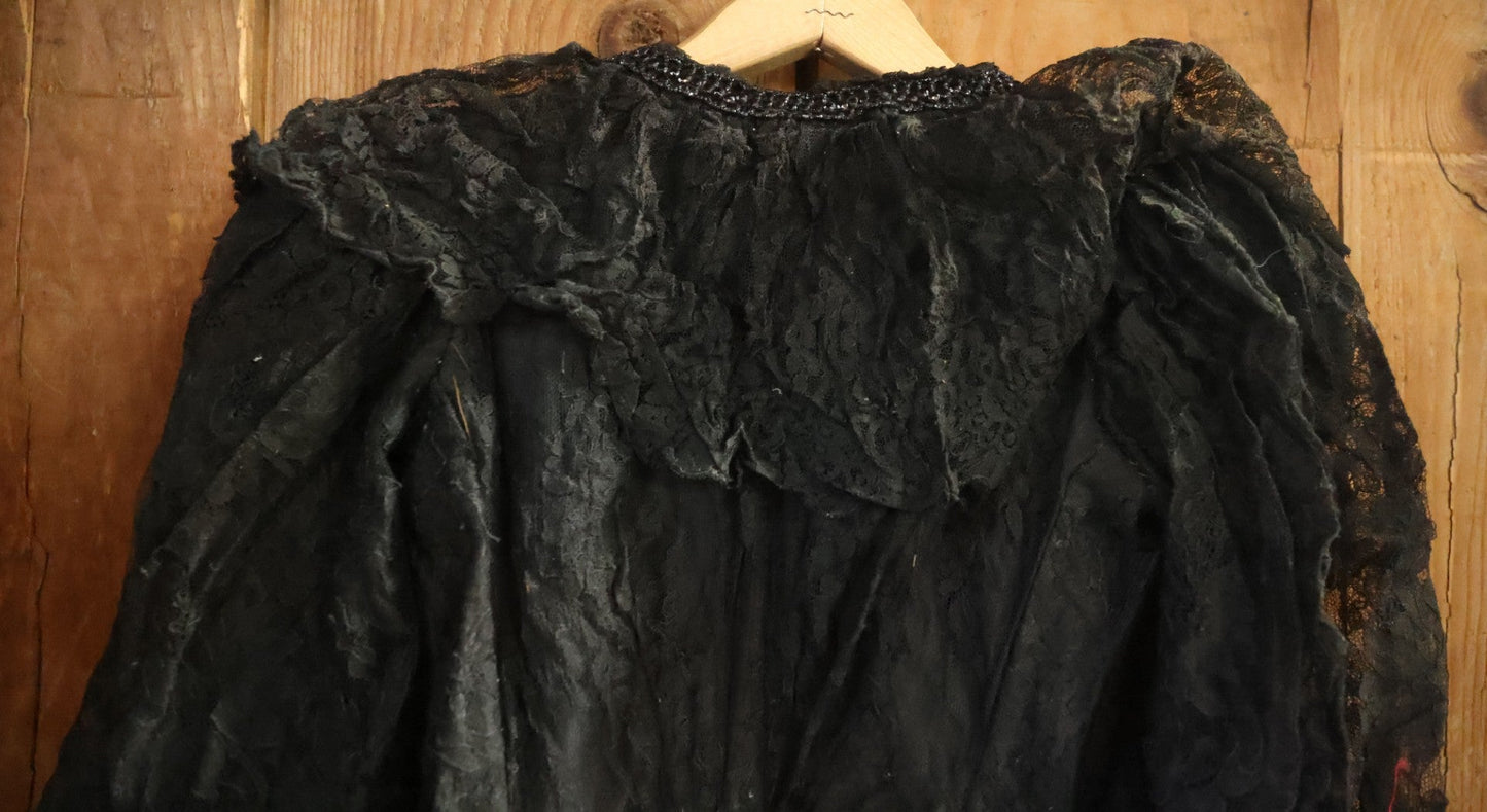 Lot 001 - Three Piece Antique Victorian Mourning Black Lace Ensemble Including Gown, Shawl, And Skirt Topper