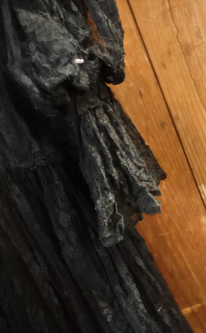 Lot 001 - Three Piece Antique Victorian Mourning Black Lace Ensemble Including Gown, Shawl, And Skirt Topper