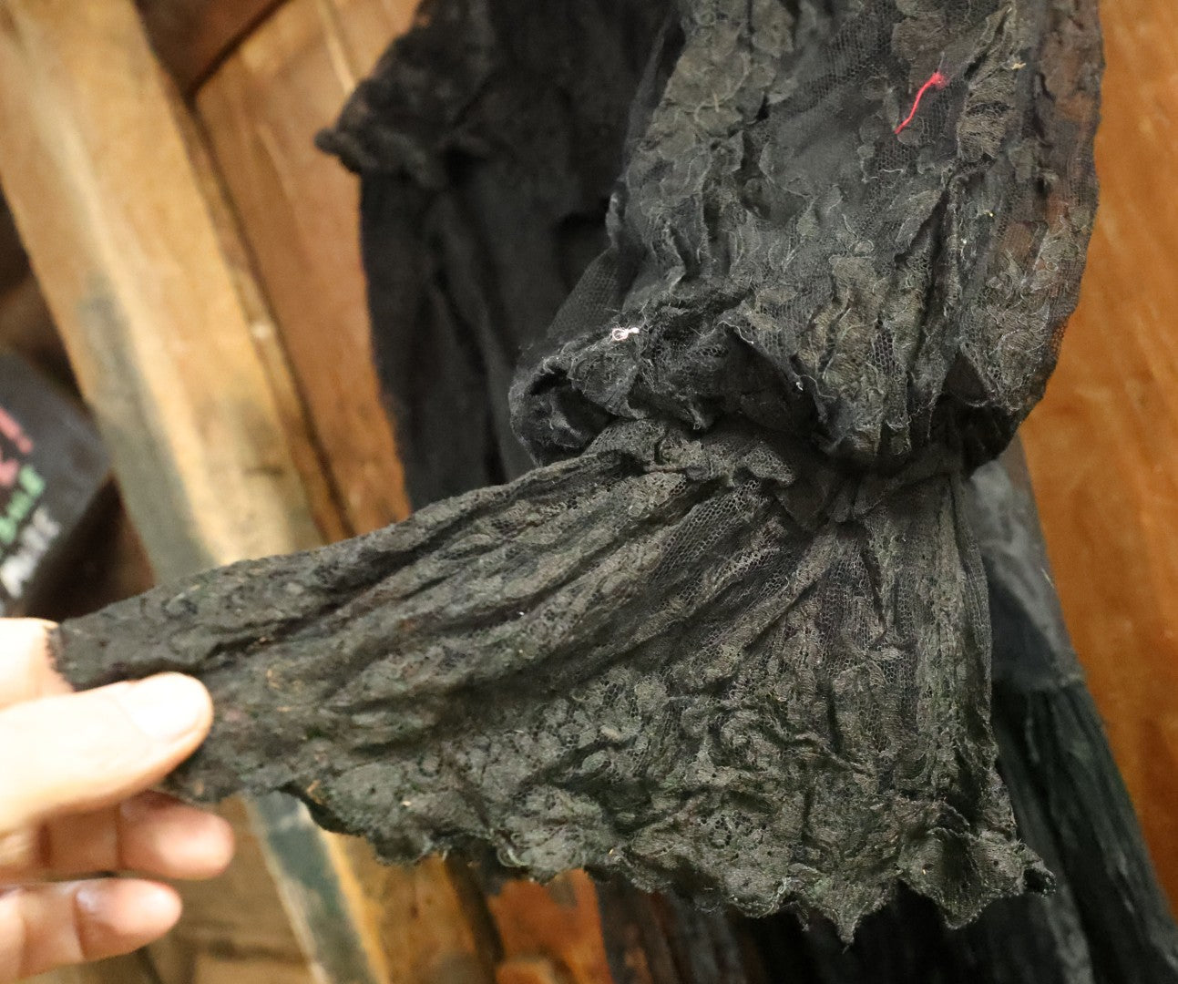 Lot 001 - Three Piece Antique Victorian Mourning Black Lace Ensemble Including Gown, Shawl, And Skirt Topper