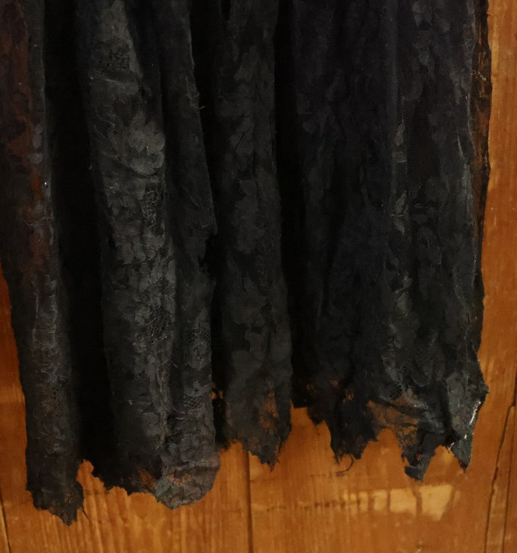 Lot 001 - Three Piece Antique Victorian Mourning Black Lace Ensemble Including Gown, Shawl, And Skirt Topper