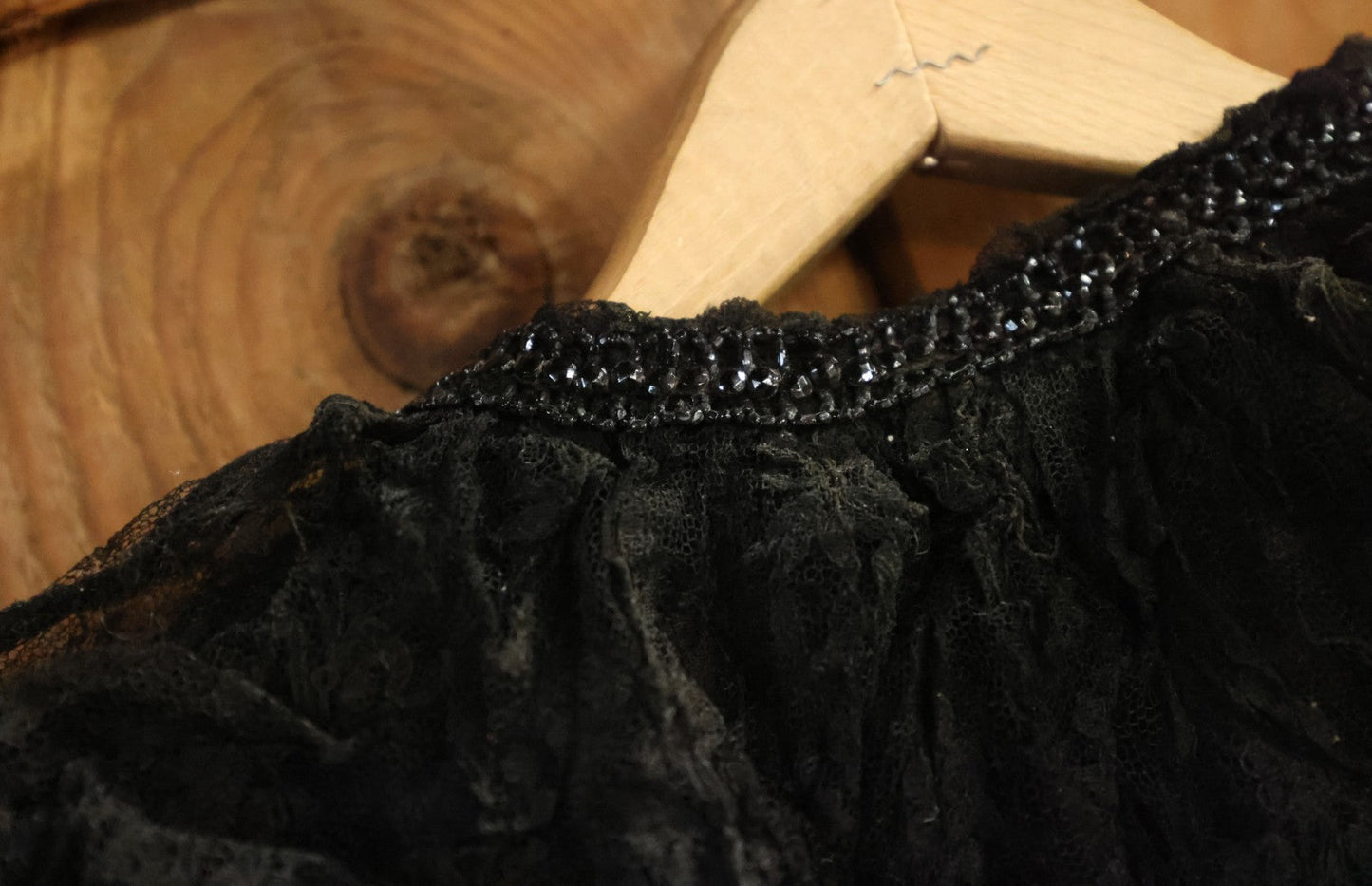 Lot 001 - Three Piece Antique Victorian Mourning Black Lace Ensemble Including Gown, Shawl, And Skirt Topper