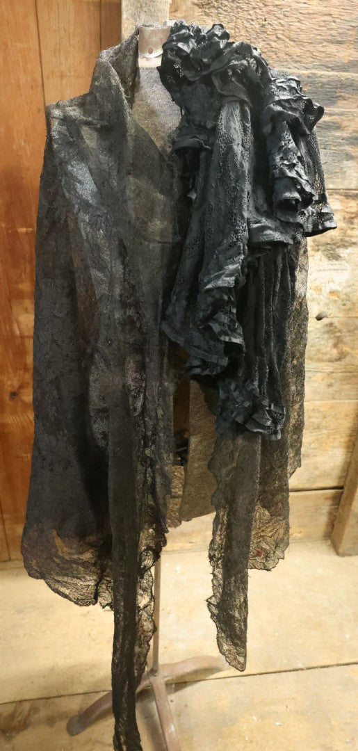 Lot 001 - Three Piece Antique Victorian Mourning Black Lace Ensemble Including Gown, Shawl, And Skirt Topper