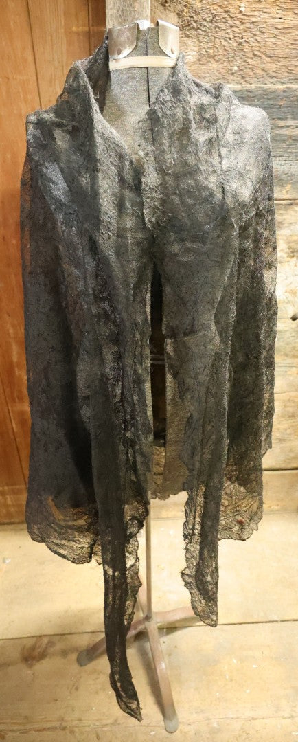 Lot 001 - Three Piece Antique Victorian Mourning Black Lace Ensemble Including Gown, Shawl, And Skirt Topper