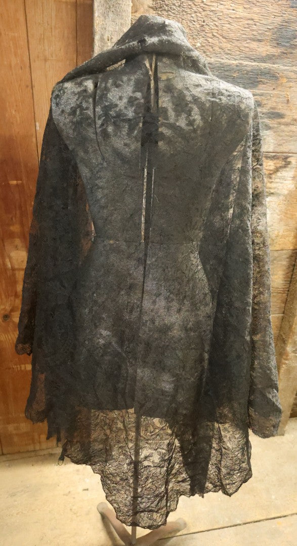 Lot 001 - Three Piece Antique Victorian Mourning Black Lace Ensemble Including Gown, Shawl, And Skirt Topper