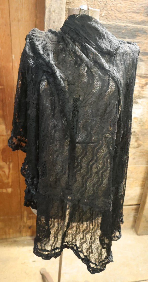 Lot 001 - Three Piece Antique Victorian Mourning Black Lace Ensemble Including Gown, Shawl, And Skirt Topper