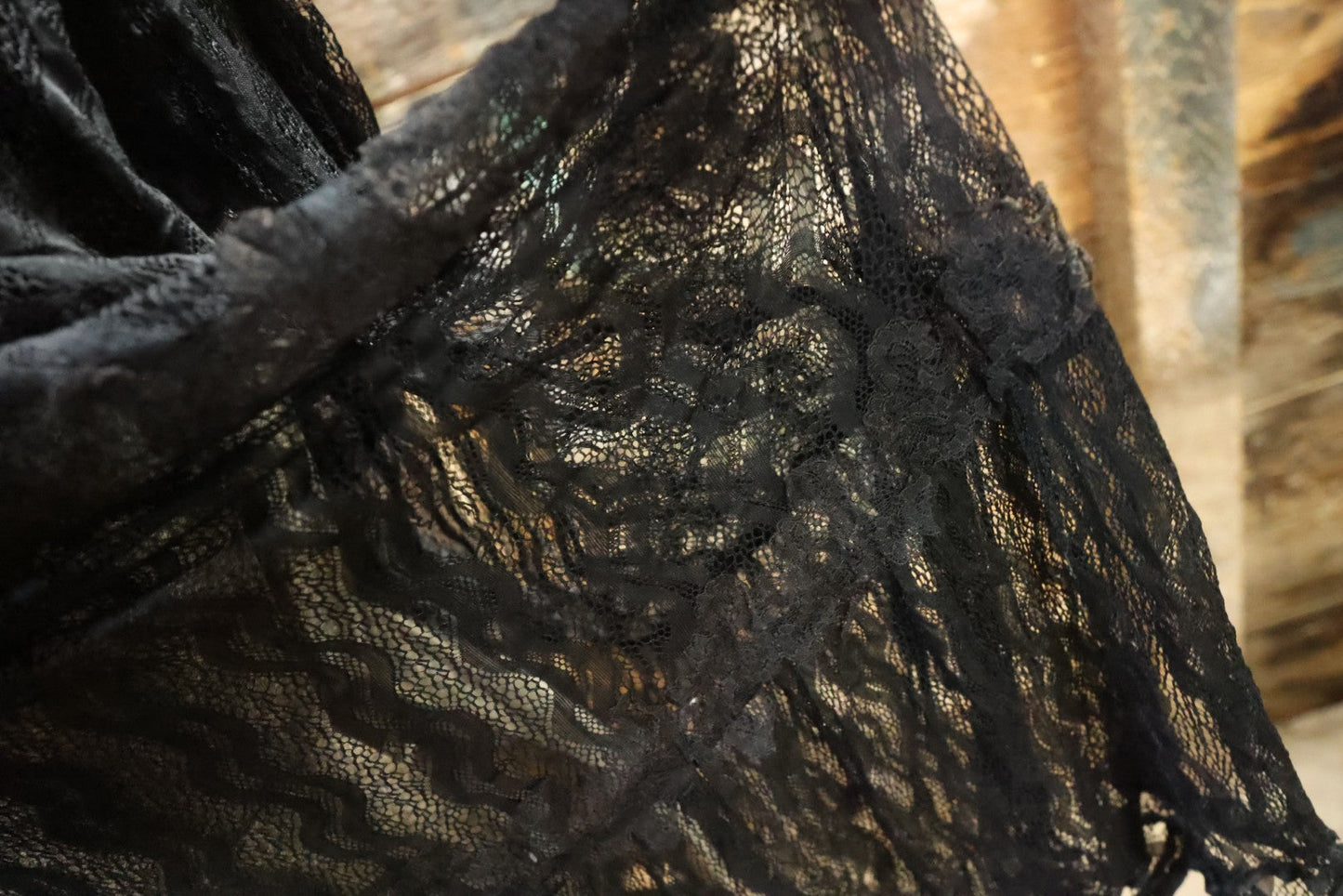Lot 001 - Three Piece Antique Victorian Mourning Black Lace Ensemble Including Gown, Shawl, And Skirt Topper
