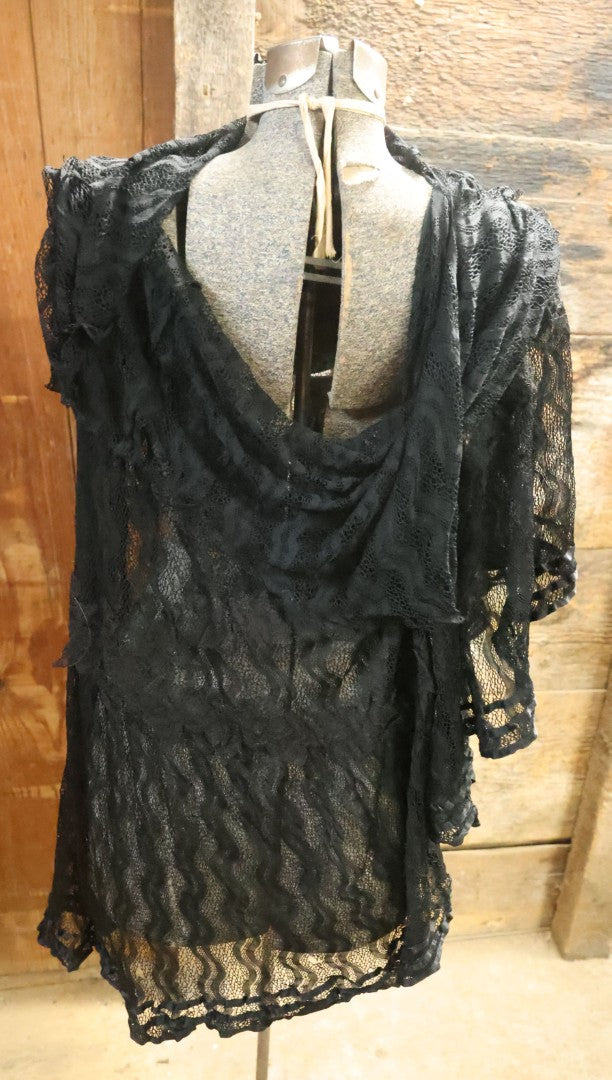 Lot 001 - Three Piece Antique Victorian Mourning Black Lace Ensemble Including Gown, Shawl, And Skirt Topper
