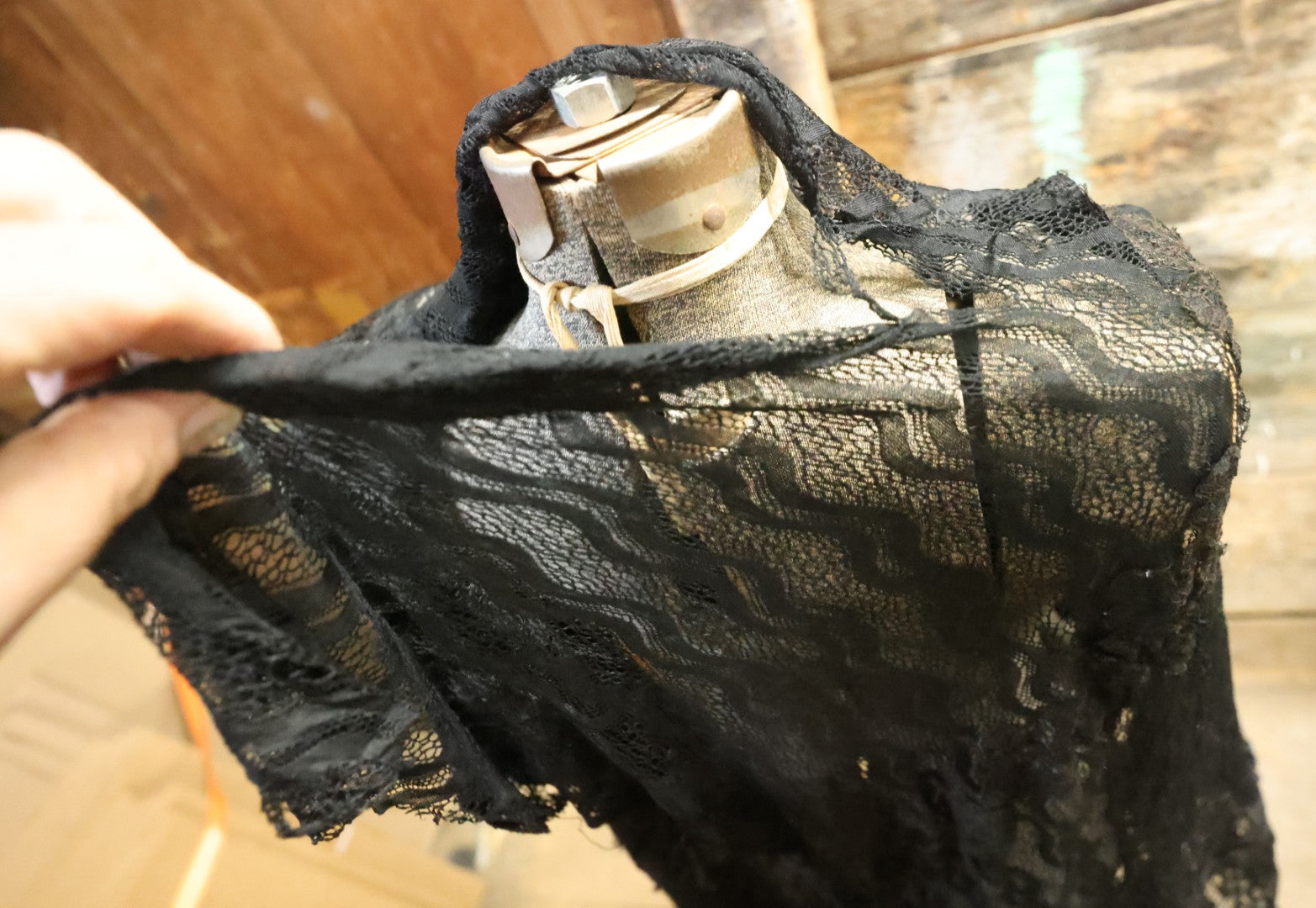 Lot 001 - Three Piece Antique Victorian Mourning Black Lace Ensemble Including Gown, Shawl, And Skirt Topper