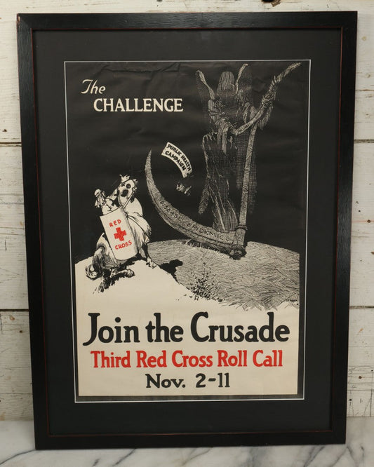 Lot 003 - Antique World War One American Red Cross Propaganda Poster, "The Challenge, Join The Crusade," With Angel Of Death Motif, Third Red Cross Roll Call, Professionally Framed