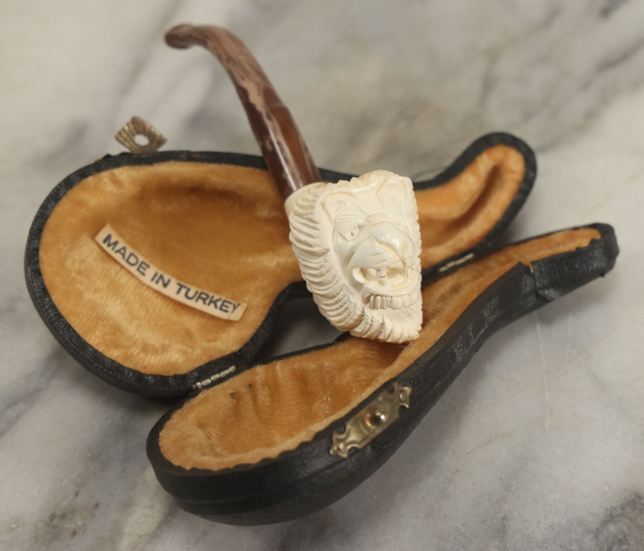 Lot 131 - Vintage Lion Head Carved Meerschaum Pipe In Leatherette Case, Made In Turkey