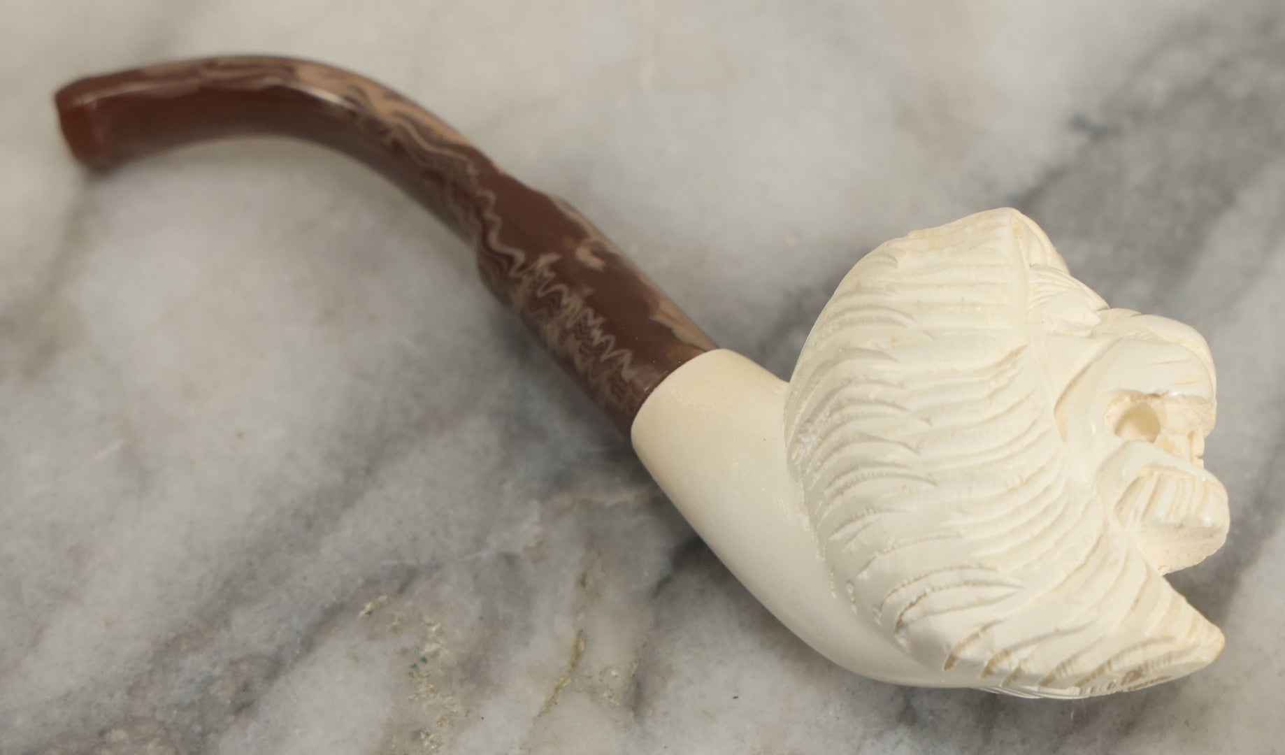 Lot 131 - Vintage Lion Head Carved Meerschaum Pipe In Leatherette Case, Made In Turkey