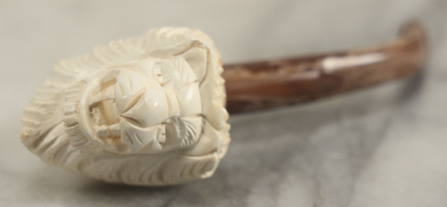 Lot 131 - Vintage Lion Head Carved Meerschaum Pipe In Leatherette Case, Made In Turkey