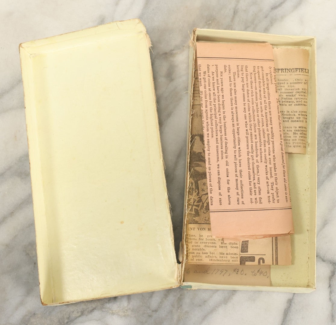 Lot 140 - Antique Cardboard Paper Handkerchief Box With Lithographed Cover Featuring A Girl With A Blue Shirt, Yellow Scarf, With Assorted Ephemera Contents