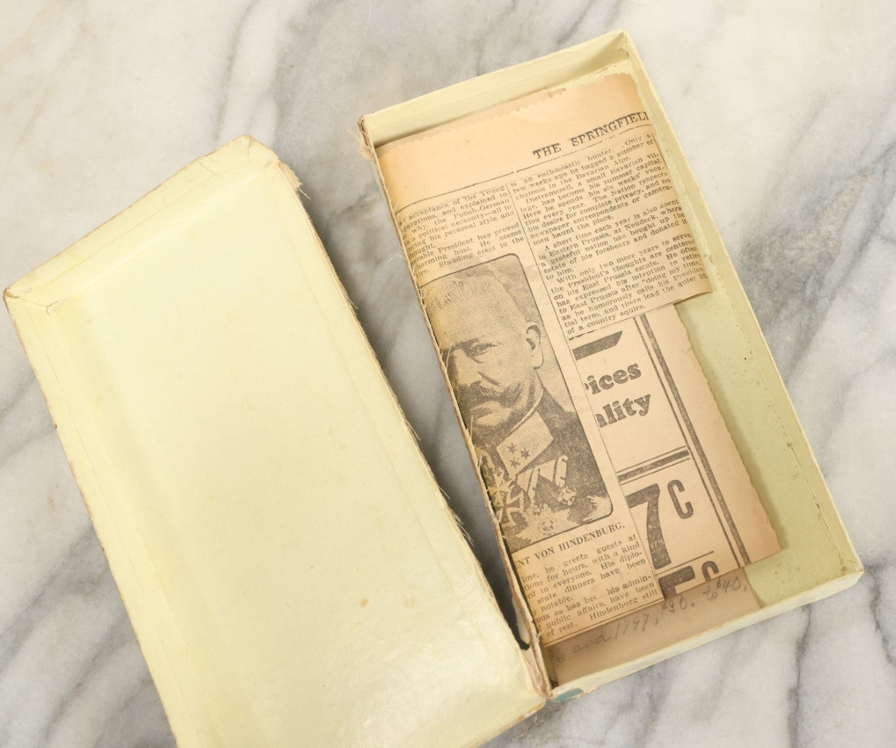 Lot 140 - Antique Cardboard Paper Handkerchief Box With Lithographed Cover Featuring A Girl With A Blue Shirt, Yellow Scarf, With Assorted Ephemera Contents