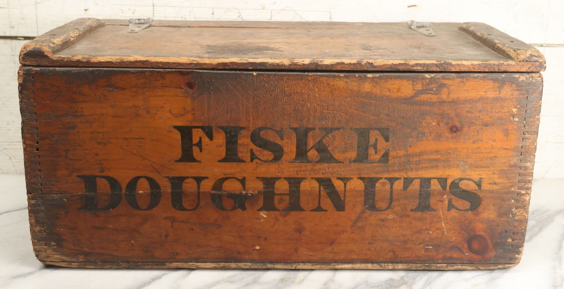 Lot 011 - Vintage Fiske Doughnuts Wooden Advertising Crate With Lift-Top Lid, Debossed Stenciled Lettering On Both Sides