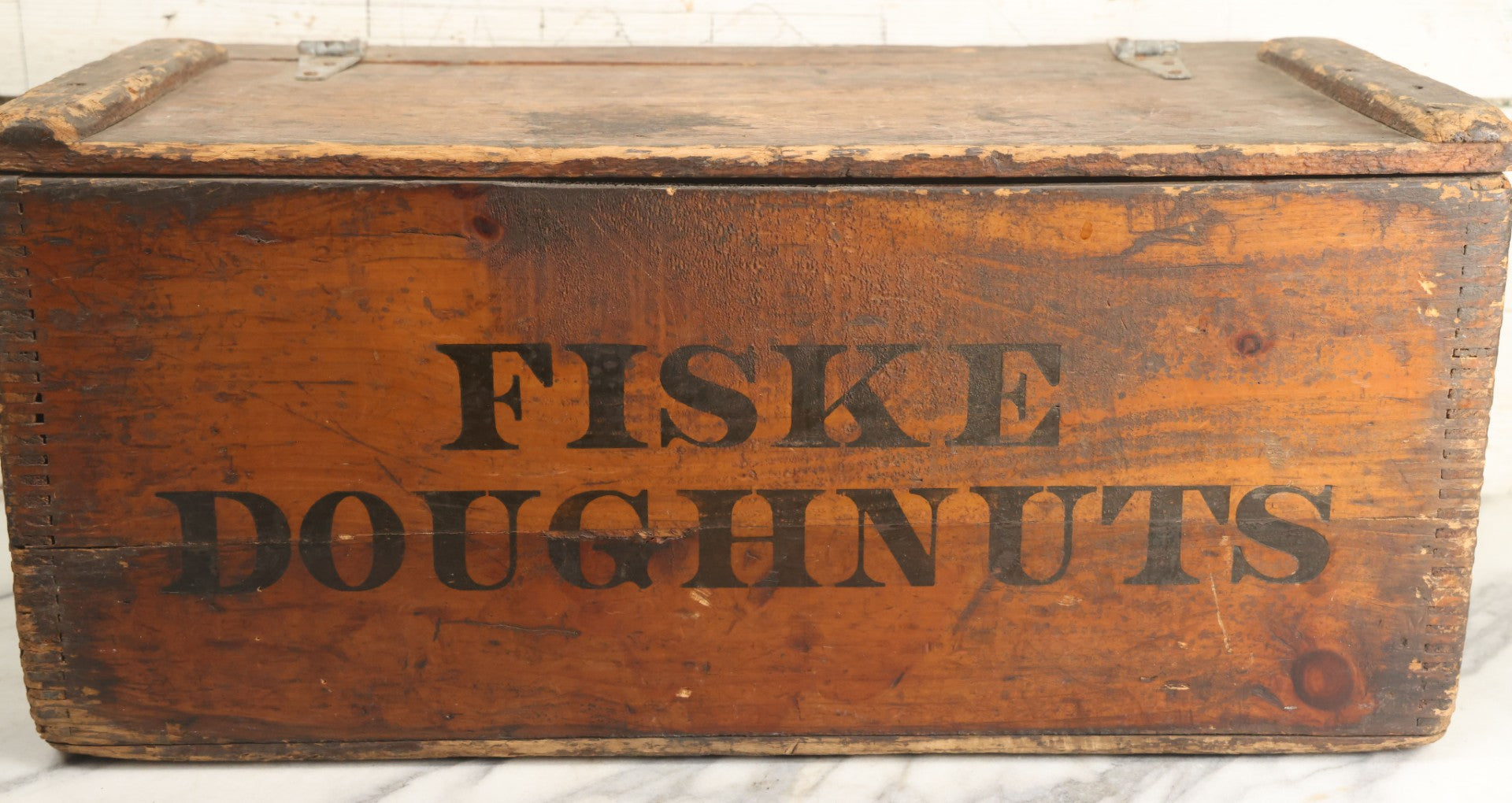 Lot 011 - Vintage Fiske Doughnuts Wooden Advertising Crate With Lift-Top Lid, Debossed Stenciled Lettering On Both Sides
