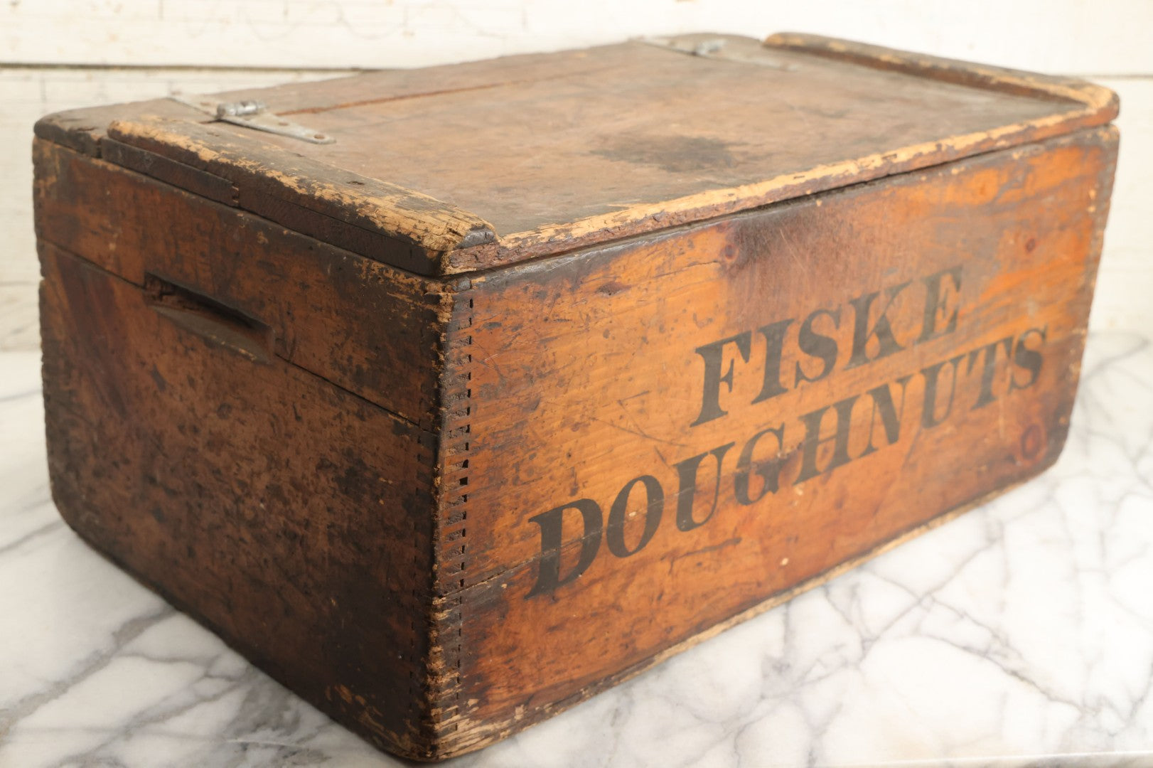 Lot 011 - Vintage Fiske Doughnuts Wooden Advertising Crate With Lift-Top Lid, Debossed Stenciled Lettering On Both Sides