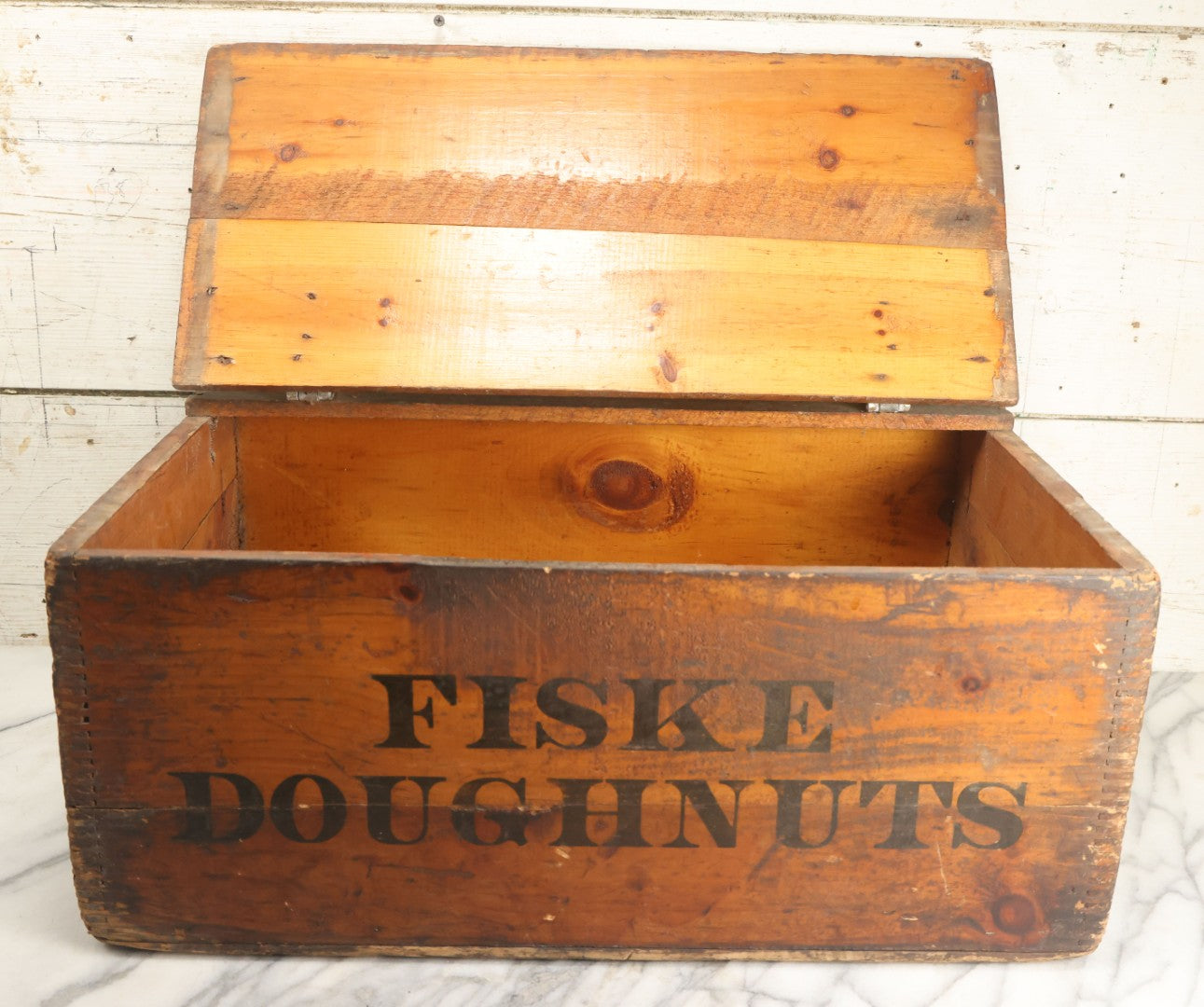Lot 011 - Vintage Fiske Doughnuts Wooden Advertising Crate With Lift-Top Lid, Debossed Stenciled Lettering On Both Sides