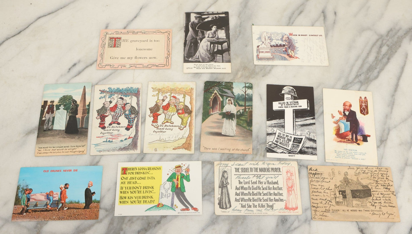 Lot 150 - Grouping Of Thirteen Antique And Vintage Death And Funeral Related Postcards, Including "The Graveyard Is So Too Lonesome, Give Me My Flowers Now"