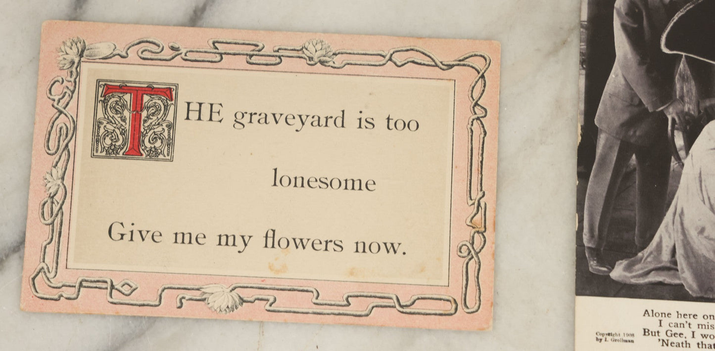 Lot 150 - Grouping Of Thirteen Antique And Vintage Death And Funeral Related Postcards, Including "The Graveyard Is So Too Lonesome, Give Me My Flowers Now"