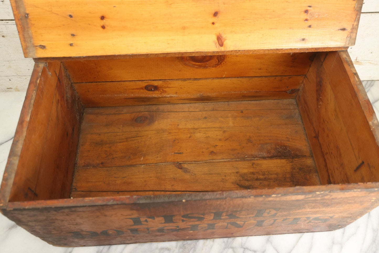 Lot 011 - Vintage Fiske Doughnuts Wooden Advertising Crate With Lift-Top Lid, Debossed Stenciled Lettering On Both Sides