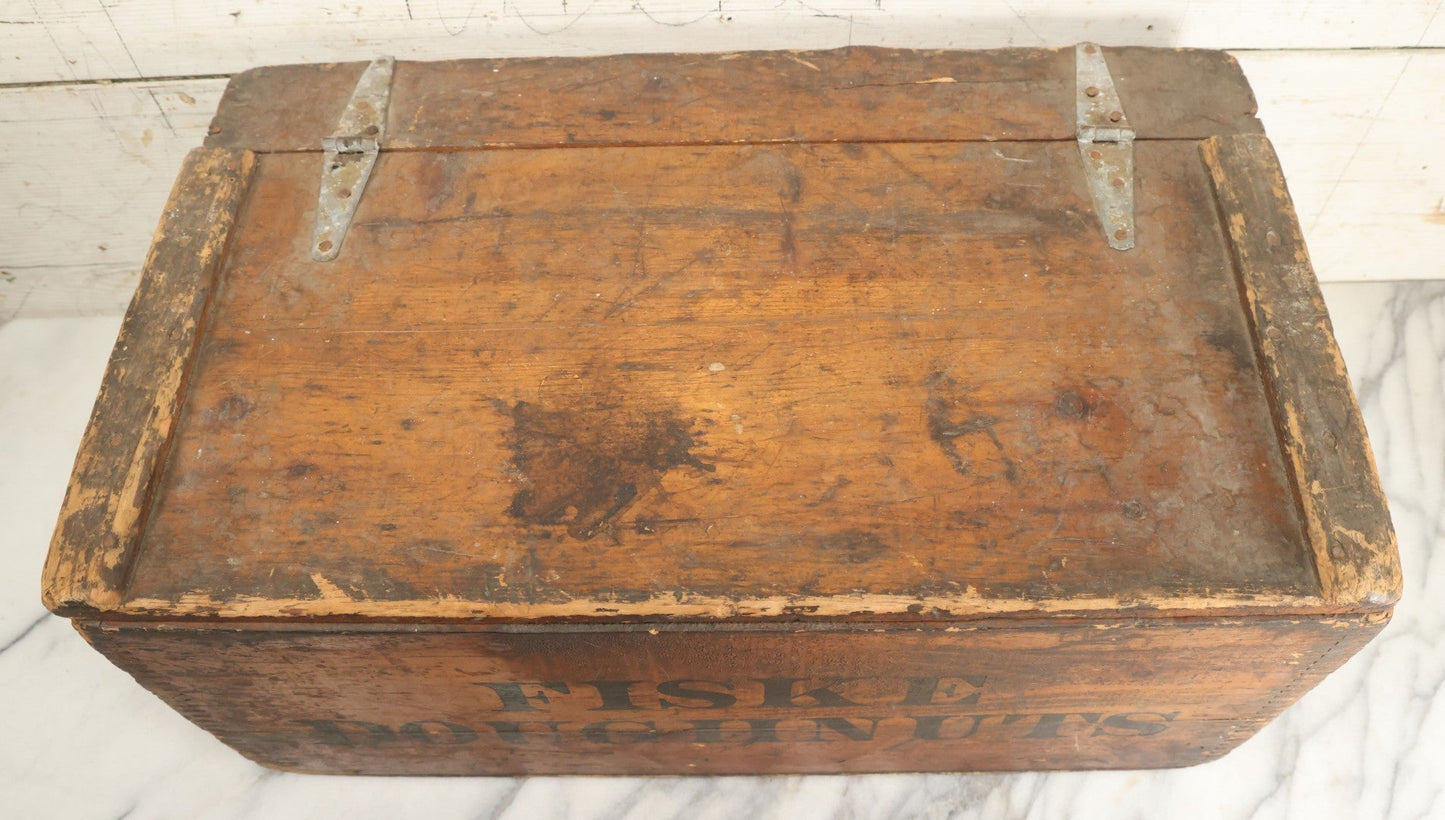 Lot 011 - Vintage Fiske Doughnuts Wooden Advertising Crate With Lift-Top Lid, Debossed Stenciled Lettering On Both Sides